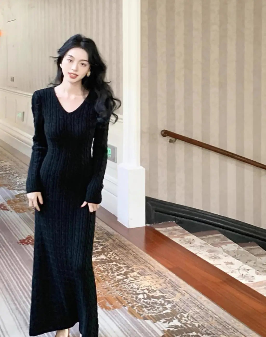Elegant Knitted Dress for Women Autumn V-neck Bodycon Slim Sweater Dresses Winter Solid Casual Korean Fashion Vestidos Mujer New