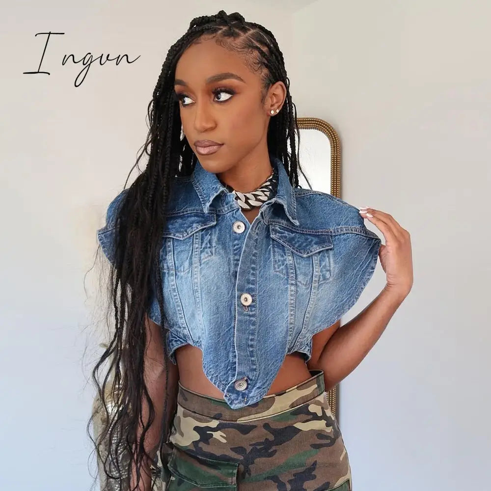 Ingvn - Sexy Sleeveless Single-breasted Blue Denim Vest Women's Turn-down Collar Cut Out Short Jean Jacket All-match Tank Coats