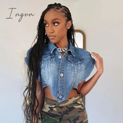 Ingvn - Sexy Sleeveless Single-breasted Blue Denim Vest Women's Turn-down Collar Cut Out Short Jean Jacket All-match Tank Coats