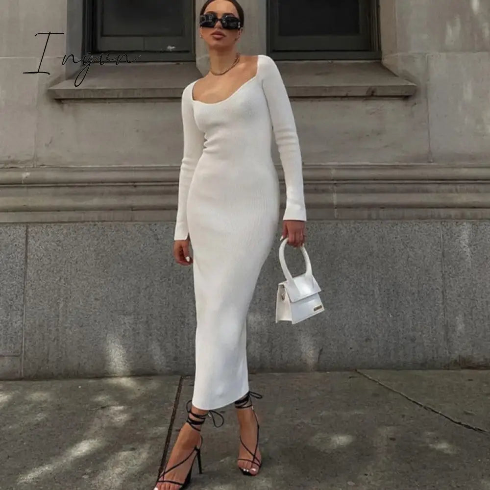 Ingvn - Bodycon Knitted Women Sweater Dress Long Sleeve Sexy Off Shoulder Split Elegant Party Dresses Fashion Autumn Winter