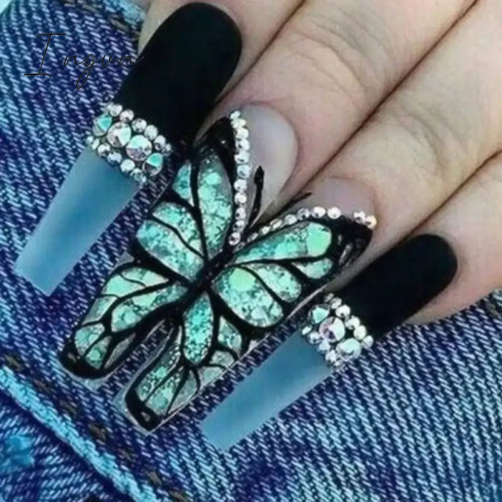 24pcs Artifical Bails With Glue Fake Nail Tips With Design Detachable Press On Nails Long Fake Nail Finished Nail Piece Sticker