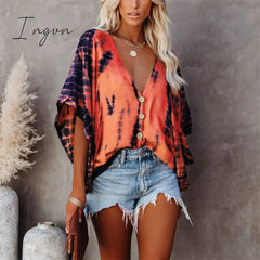 Ingvn - Summer Fashion Oversized Deep V-neck Women's Shirt Tie Dye Vintage Print Button Batwing Sleeve Top Female Casual Loose Cardigan