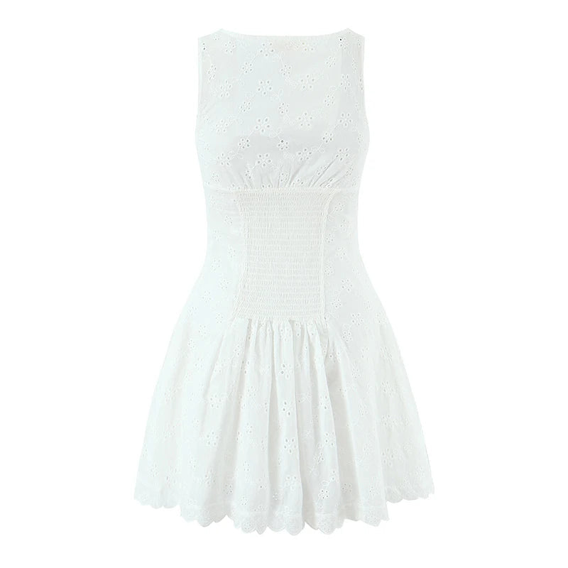 European And American Sexy Hollow Out Embroidered Dress Women V Neck Sleeveless A-line Mini White Dresses Summer Robe