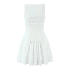 European And American Sexy Hollow Out Embroidered Dress Women V Neck Sleeveless A-line Mini White Dresses Summer Robe