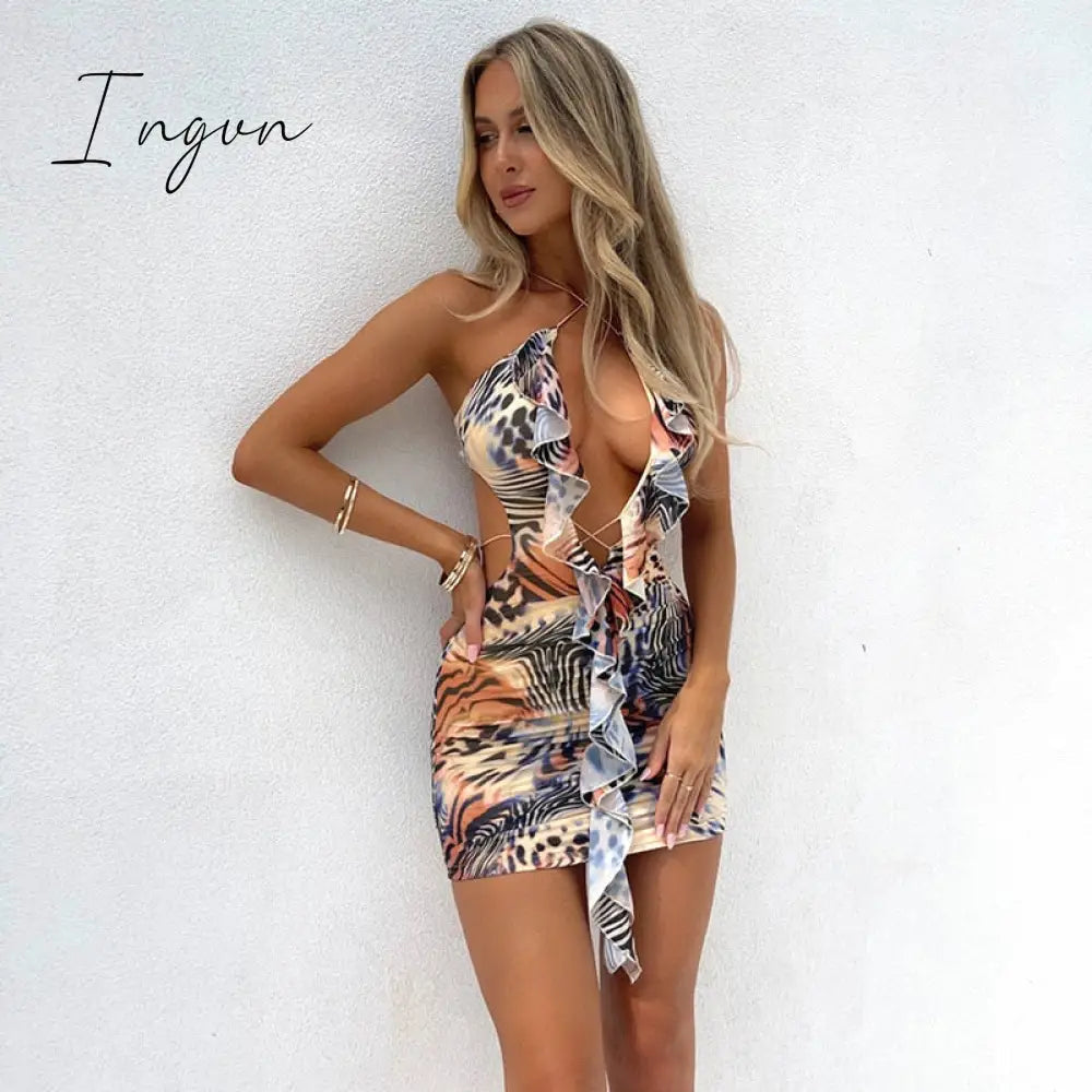 Ingvn - Hollow Out Ruffle Sexy Mini Dress For Women Robe Summer New Halter Backless Bodycon Beach Holiday Party Dress Vestido