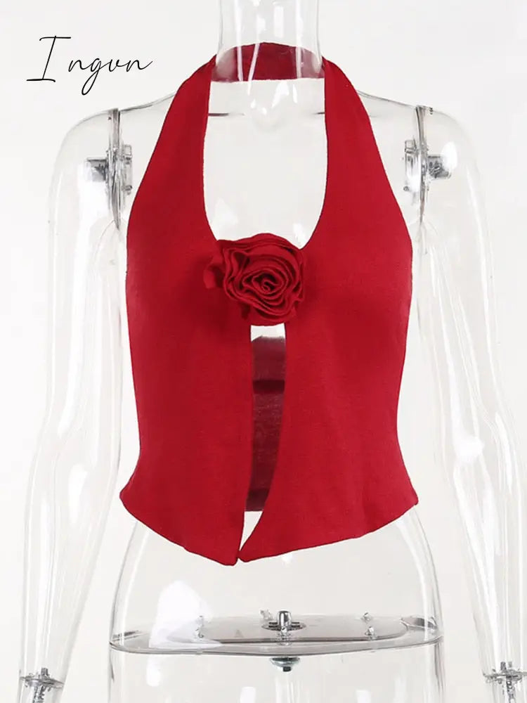 Ingvn - Flower Decoration Sexy Knit Tank Tops Women Summer New Halter V Neck Sleeveless Backless Sexy Party Club Crop Tops
