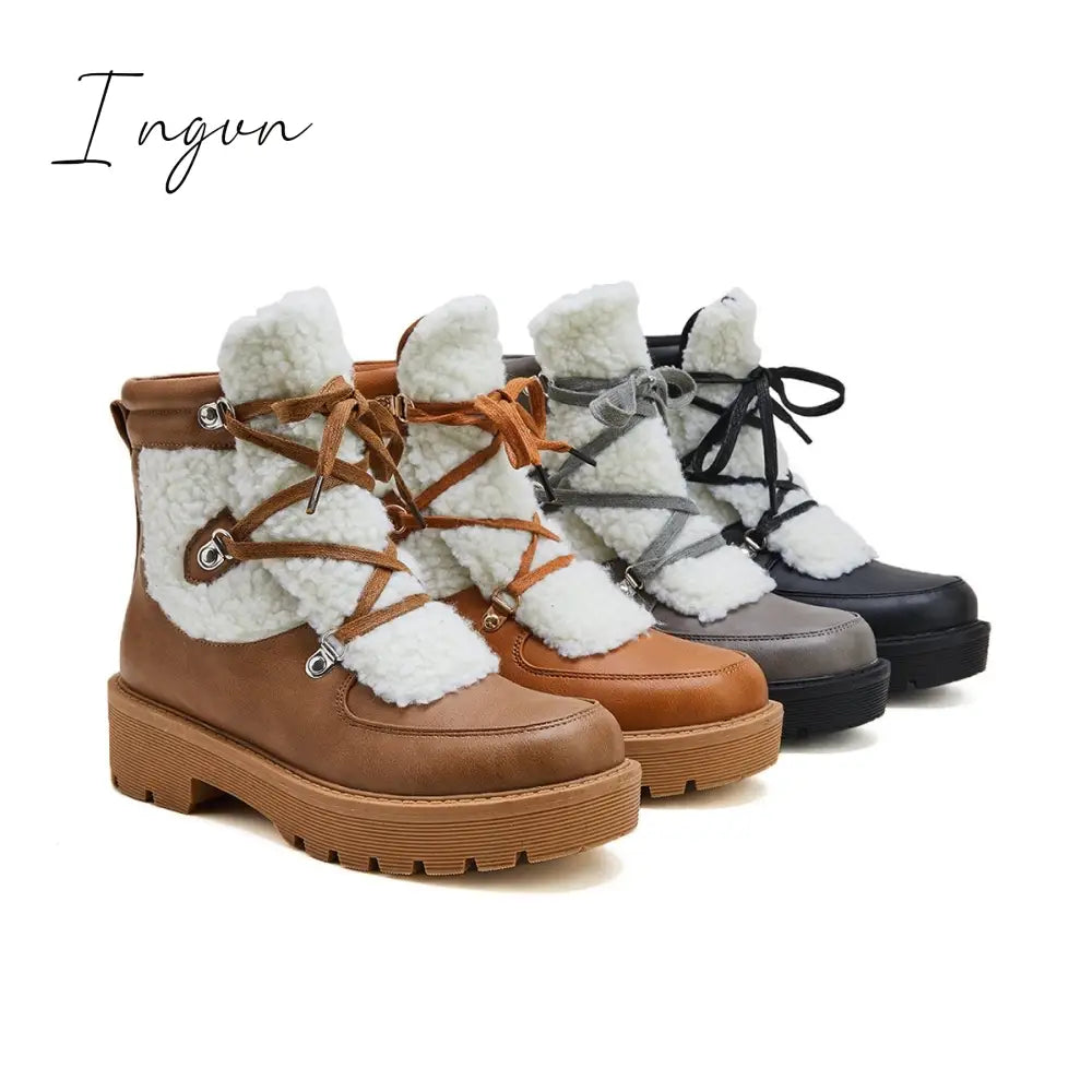 Ingvn - Women's Faux Shearling Stiching Lace Up Snow Boots