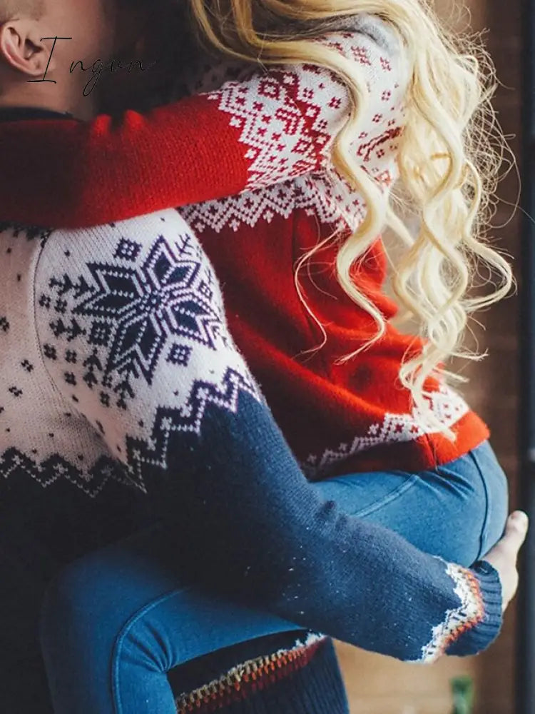 Ingvn - Women's Ugly Christmas Sweater Pullover Sweater Jumper Jumper Ribbed Knit Patchwork Geometric Turtleneck Stylish Casual Christmas Daily Fall Winter Red S M L