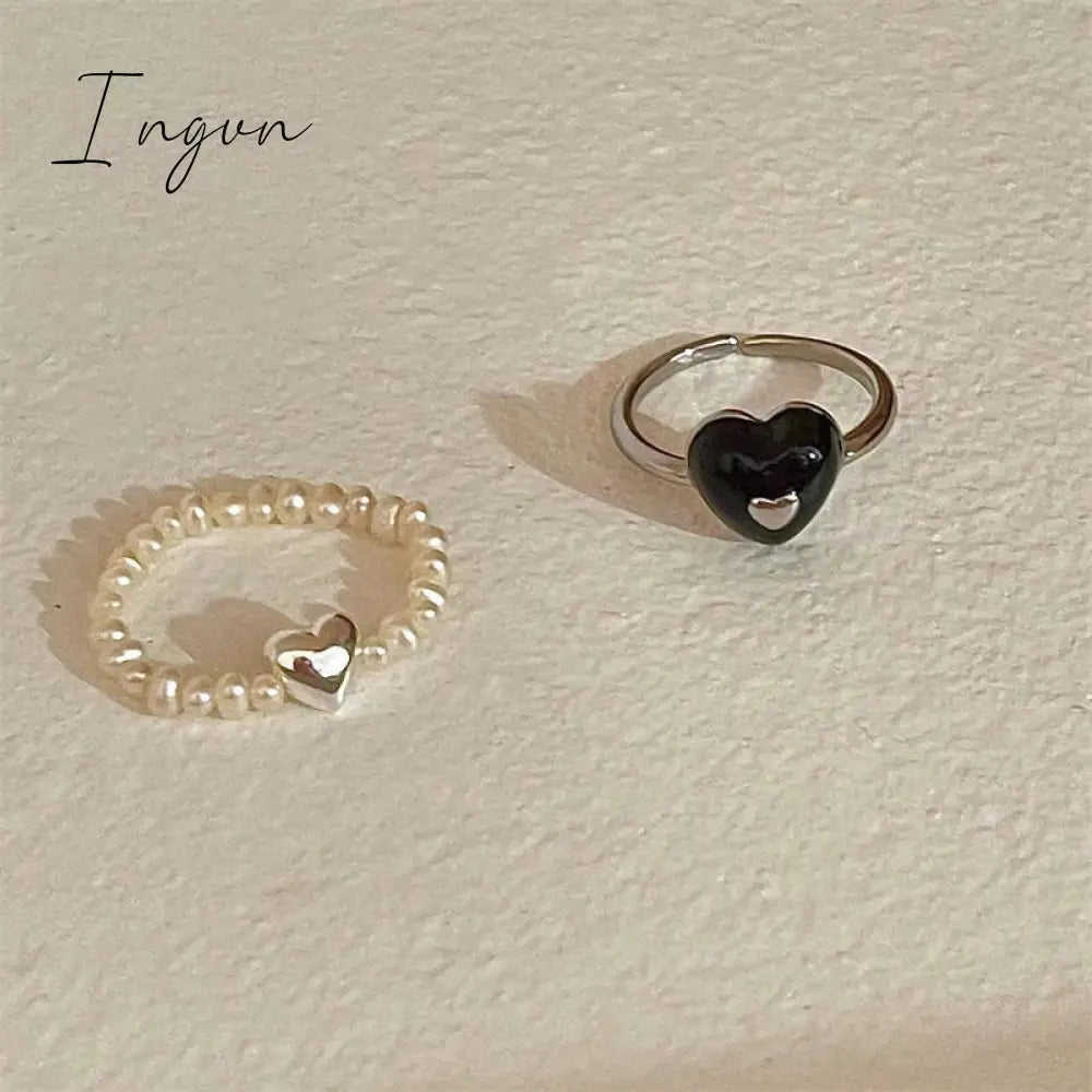 Kpop Vintage Trend Black Heart Open Adjustable Rings Pearl Beaded Ring for Women Aesthetic Jewelry Wedding Gifts Accessories