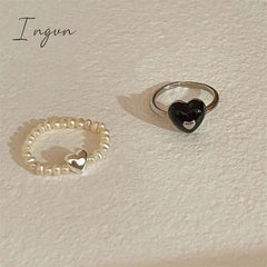 Kpop Vintage Trend Black Heart Open Adjustable Rings Pearl Beaded Ring for Women Aesthetic Jewelry Wedding Gifts Accessories