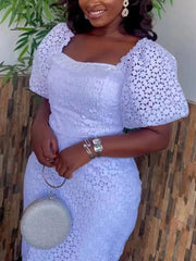 Ingvn - Women's Vintage White Lace Dress Chic Square Neck Puff Sleeve Summer Elegant Wedding Guest Cocktial Birthday Clothes XXXL