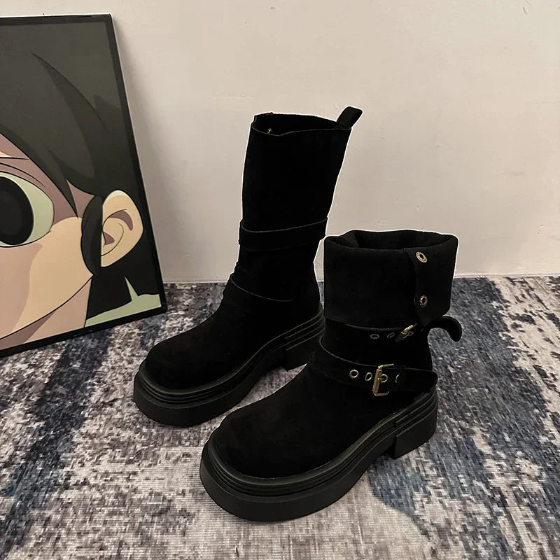 Ingvn  Vintage Spring Autumn Women Motorcycle Boots Fashion Belt Buckle Mid Calf Booties Platform Thick Heel Casual Ladies Shoes
