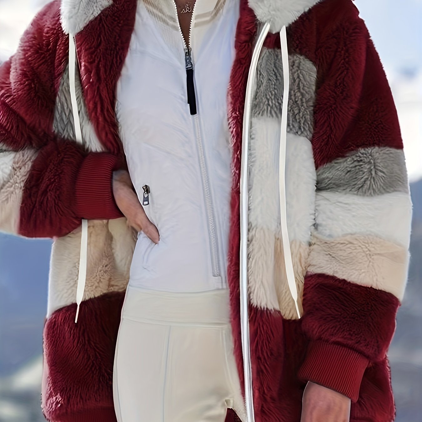 Fuzzy Color Block Coat, Casual Hooded Zip Up Drawstring Long Sleeve Outerwear, Women's Clothing