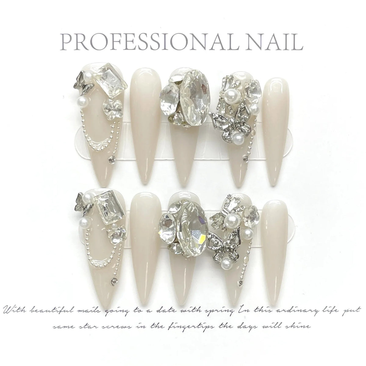 Handmade Long Stiletto Press On Nails Reusable Butterfly Diamond Decoration Fake Nails Full Cover Artificial Wearable False Nail