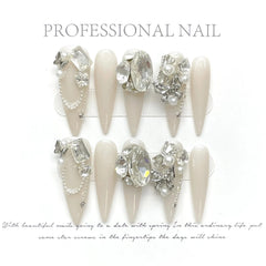 Handmade Long Stiletto Press On Nails Reusable Butterfly Diamond Decoration Fake Nails Full Cover Artificial Wearable False Nail