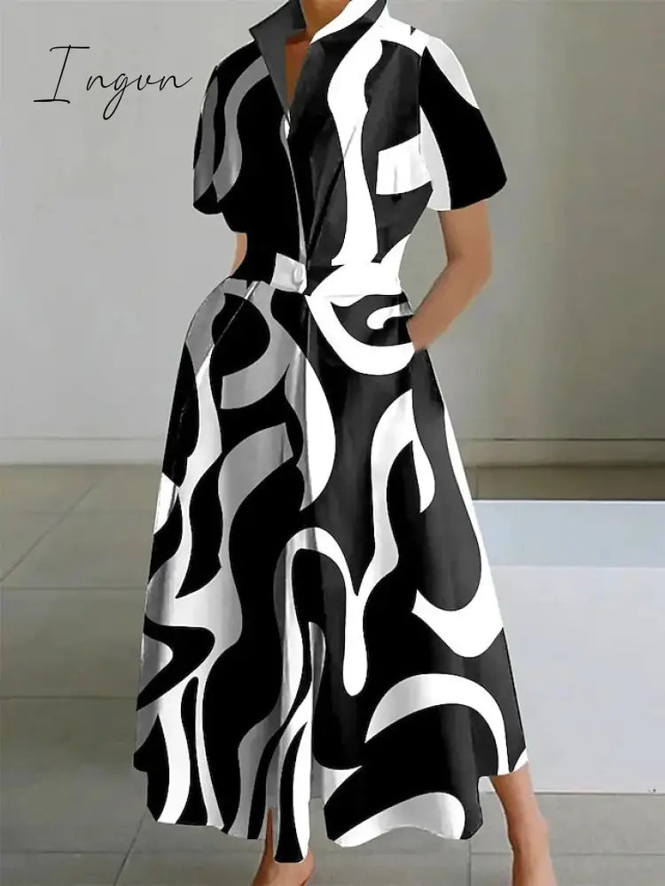 Ingvn - Women's Shirt Dress Casual Dress Maxi long Dress Outdoor Daily Vacation Polyester Fashion Elegant Shirt Collar Button Pocket Short Sleeve Summer Spring 2023 Loose Fit Black And White Black White