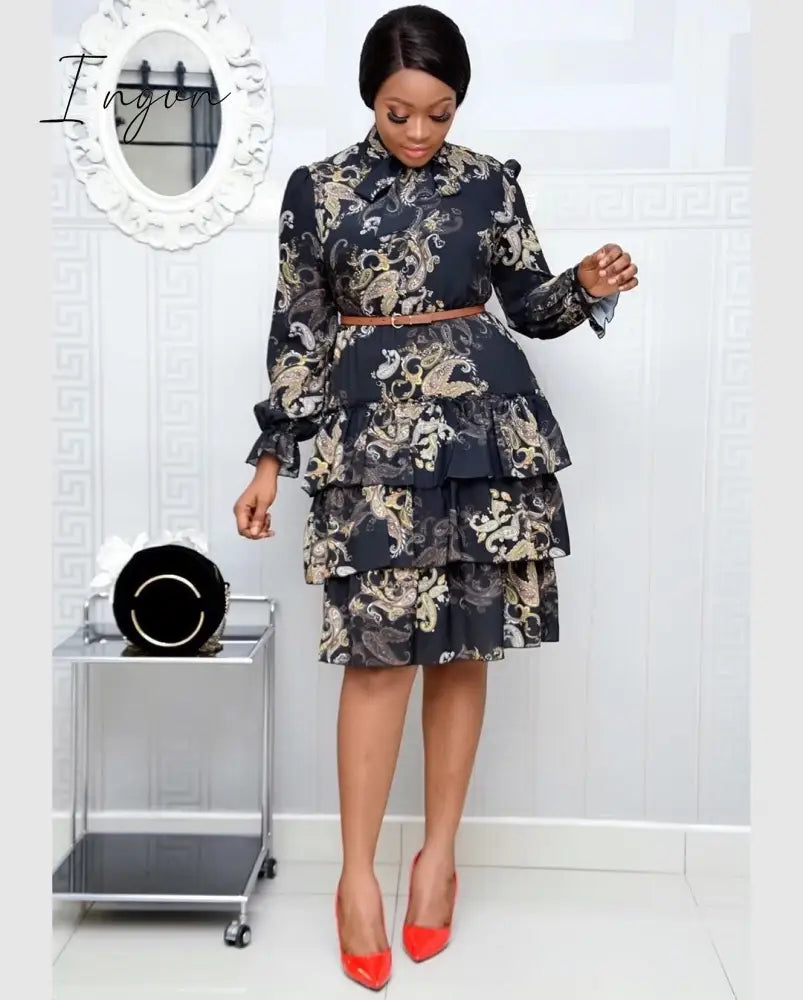 Ingvn - Women Printed Dresses Long Sleeves Bowtie Cake Dress Female Ruffles Pleated Africn Fashion Lovely Date Sweet Vestidos Plus Size