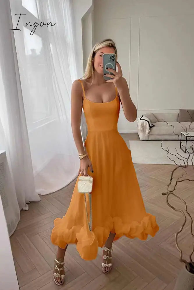 Ingvn - Elegant Flower Hem Sexy Midi Dress Women Spaghetti Strap Sleeveless Backless A- Line Loose Temperament Long Dress