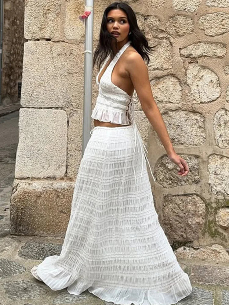 White Sexy Skirt 2 Piece Set Women Elegant Fashion Halter Crop Top And Maxi Skirt Female Beach Party Two Piece Set