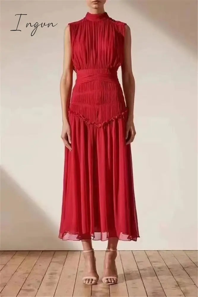 Ingvn - 2023 Summer Women Chiffon Midi Dress Party Stand Collar Sleeveless Pleated Waist Elegant Lady Ruched Floral Long Dress Ruffle