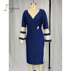 Ingvn - Plus Size Women Dresses Autumn Elegant Bright Silk Wedding Evening Birthday Party Dress V Neck Mesh Sleeve Club Outfits 8XL