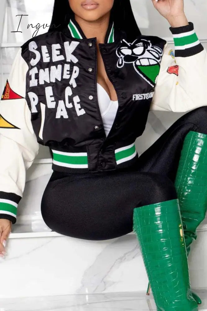 Ingvn - Black Casual Letter Print Patchwork Plus Size Overcoat