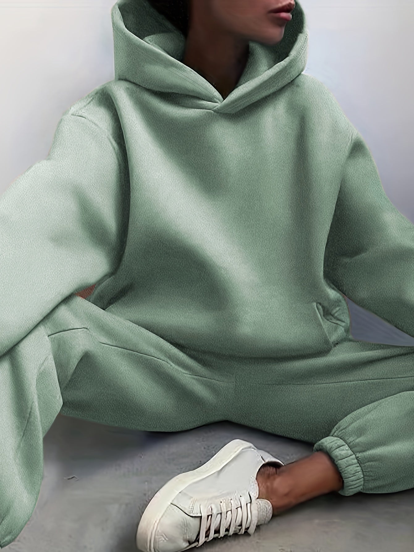 Casual Solid Two-piece Set, Drop Shoulder Long Sleeve Hoodies & Elastic Waist Jogger Pants Outfits, Women's Clothing