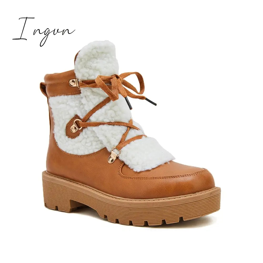 Ingvn - Women's Faux Shearling Stiching Lace Up Snow Boots
