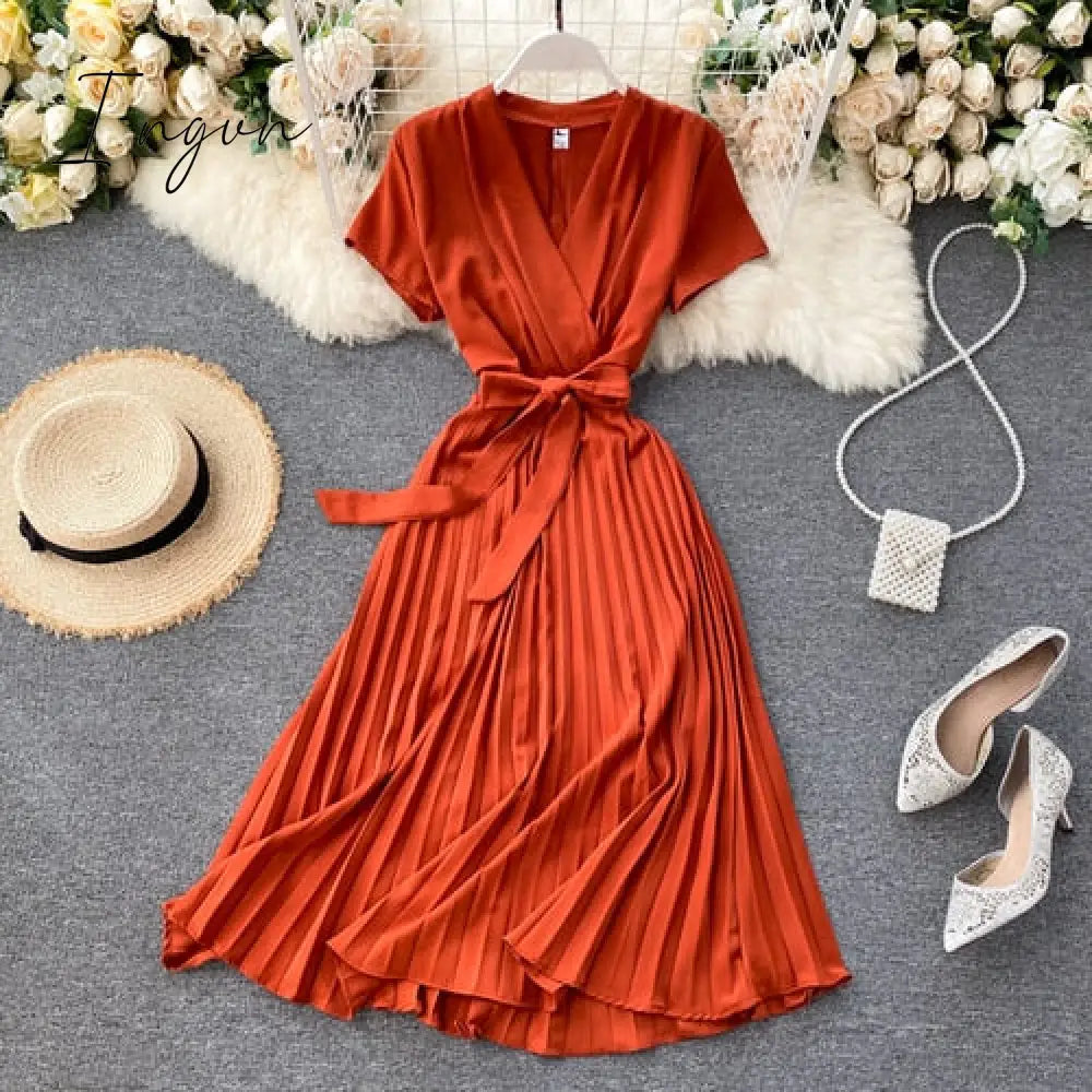 Ingvn - Elegant Midi retro Dress Women's New Solid Color V-neck Lace-up Waist Slimming over-the-Knee Pleated Dress Office Lady