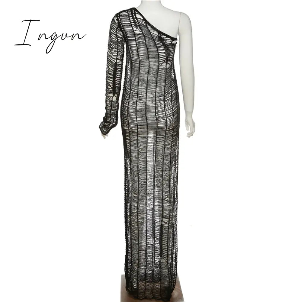 Ingvn - 2023 Womens Fashion Black Diagonal Collar Knitting Maxi Dress Women Sexy Mesh Transparent One Shoulder Long Sleeve Split Robe Holiday Jurk