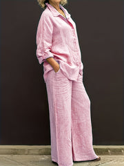 Two-Piece Solid Color Chic Pantsuit Set - Women's Casual Long Sleeve Shirt & Elastic Waist Pants Outfits with Comfortable Fabric and Versatile Style for Daily Wear