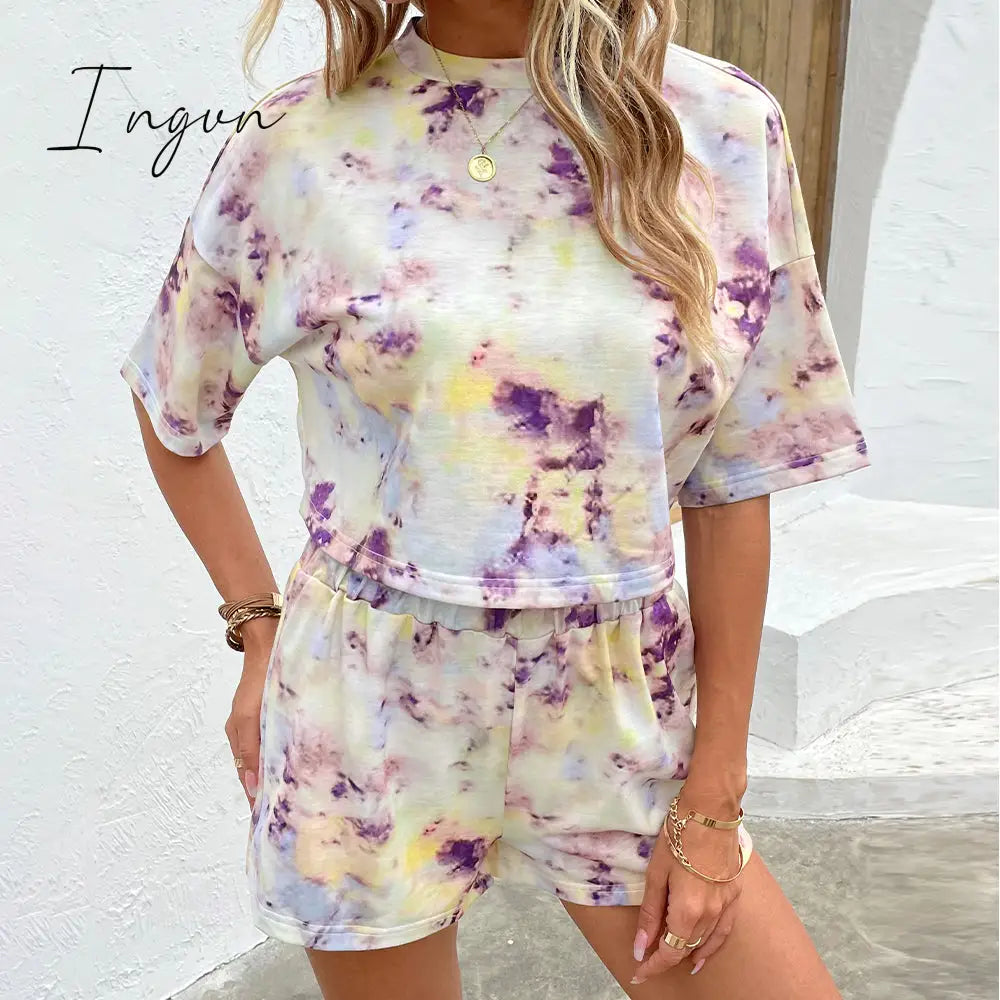 Ingvn - Tie Dye Round Neck Dropped Shoulder Tie Dye Top and Shorts Set