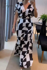 Ingvn - Casual Plaid Pocket Contrast V Neck Jumpsuits