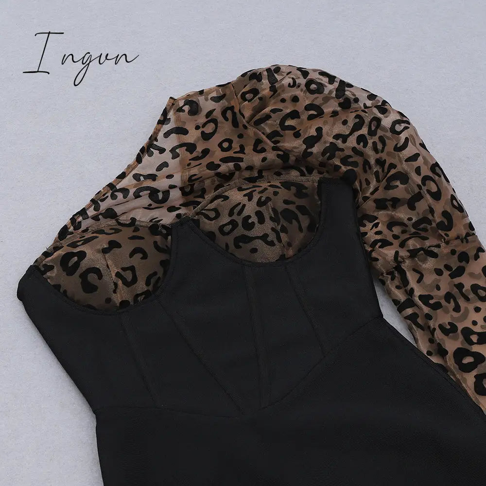 Ingvn - Sexy One-shoulder Leopard Print Women Dress Patchwork Mesh Backless Bandage Dress Women Summer Slim Party Clubwear