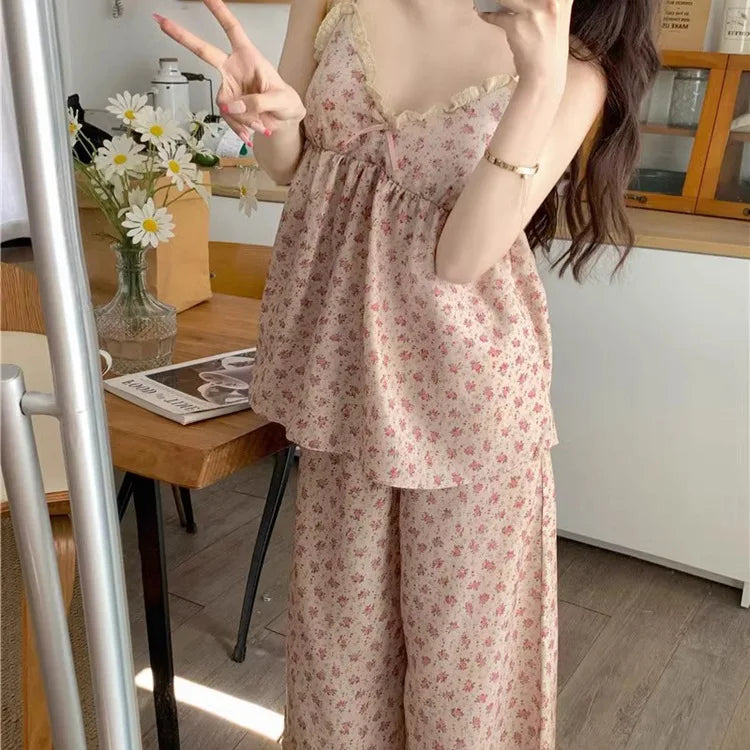 Women's New Pajamas Homewear Set Summer Retro Small Broken Flowers Halter Short-Sleeved Long Pants Thin Pajamas Homewear Set