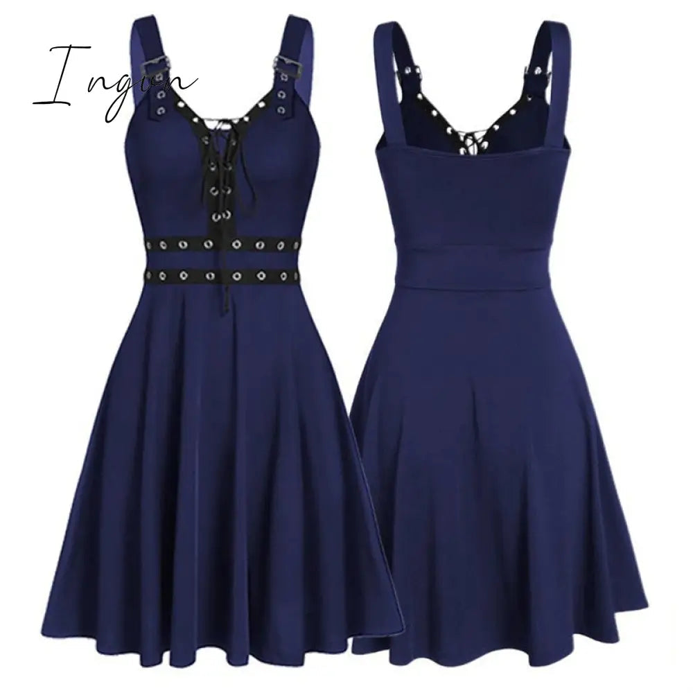 Ingvn - Women Mini Dresses Gothic Black Sexy Deep V Neck 2023 Fall Punk Sleeveless Rivet Fashion Tunic Hip Hop Bandage Female Dress