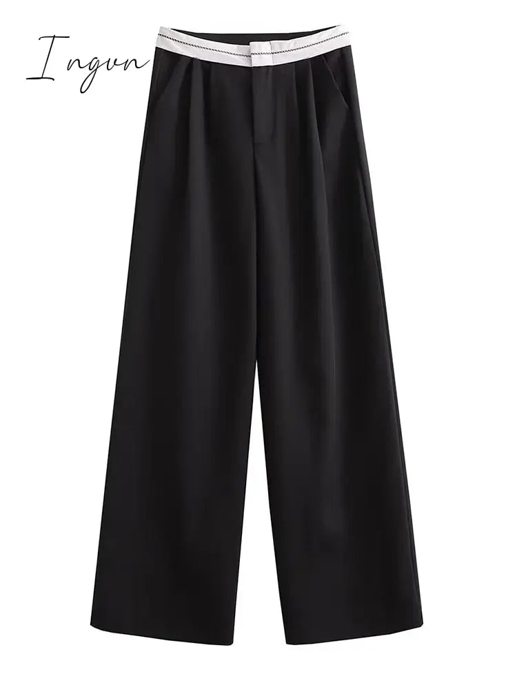 Ingvn - 2023 Women Fashion Side Pockets Patchwork Straight Pants Vintage High Waist Zipper Fly Female Casual Trousers Mujer