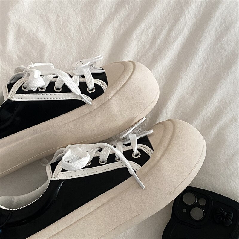 Pphmm Women's Sneakers Thick Sole Shoes Tennis Lace Up Flats Shoes Woman Spring Autumn Chunky Female Sneakers Casual Sports Shoes INS