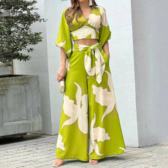 Ingvn - Autumn Sweet Printed Women Two Piece Sets Fashion Long Sleeves V Neck Cropped Tops Sexy High Waist Wide Leg Pants Elegant Suits