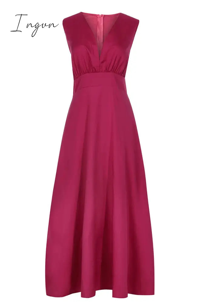 Ingvn - Casual Solid Patchwork V Neck Cake Skirt Dresses