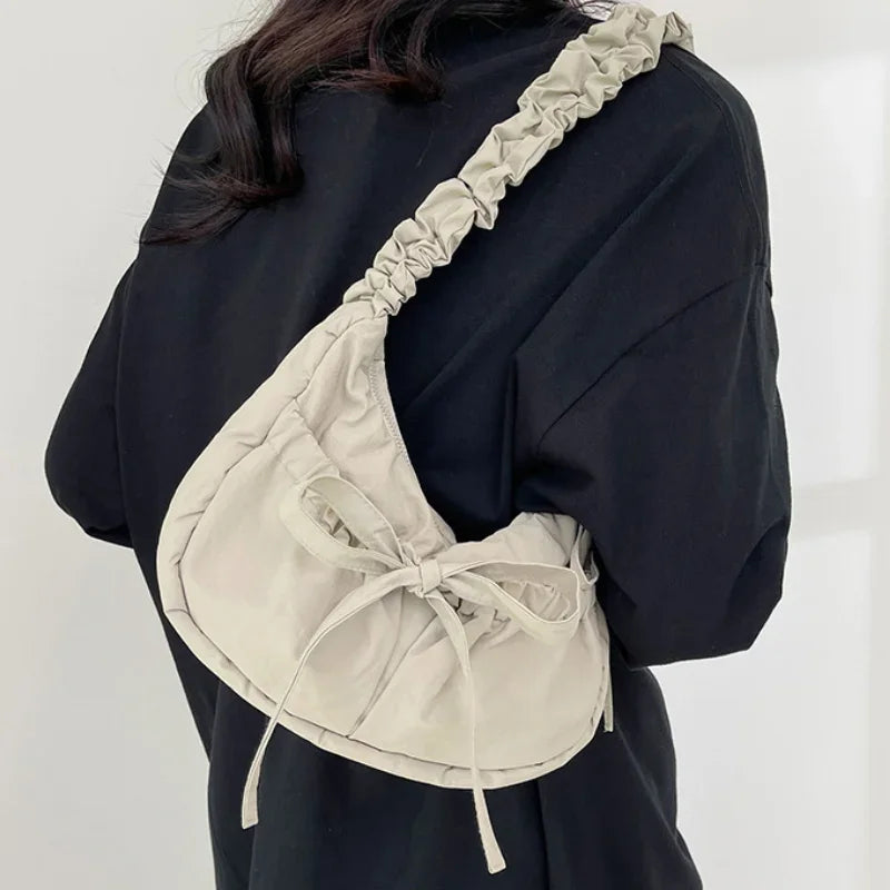 Ingvn  Popular Preppy Style Nylon Bow Hobo Bag Women Cute Pretty Pleated Shoulder Crossbody Bag Drawstring Exquisite Shoulder Bag