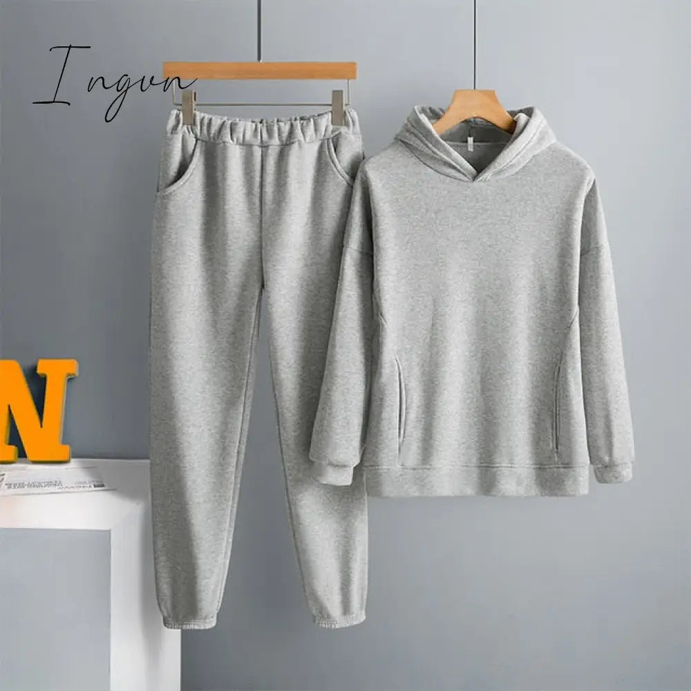 Ingvn - Two Piece Set Casual Fleece Tracksuit Women Winter Women's Sets Oversized Hooded Long Sleeve Hoodie Sport Pants Lady Suit