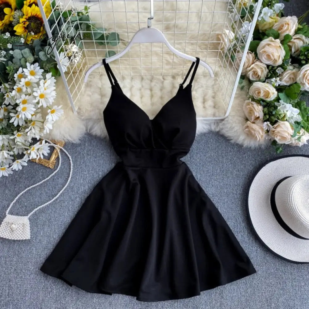 Ingvn - Women A-line Sexy Dress V-Neck Spaghetti Strap Backless Mini Dresses Soild Color Vestidos Slim Trend High Waist For Party