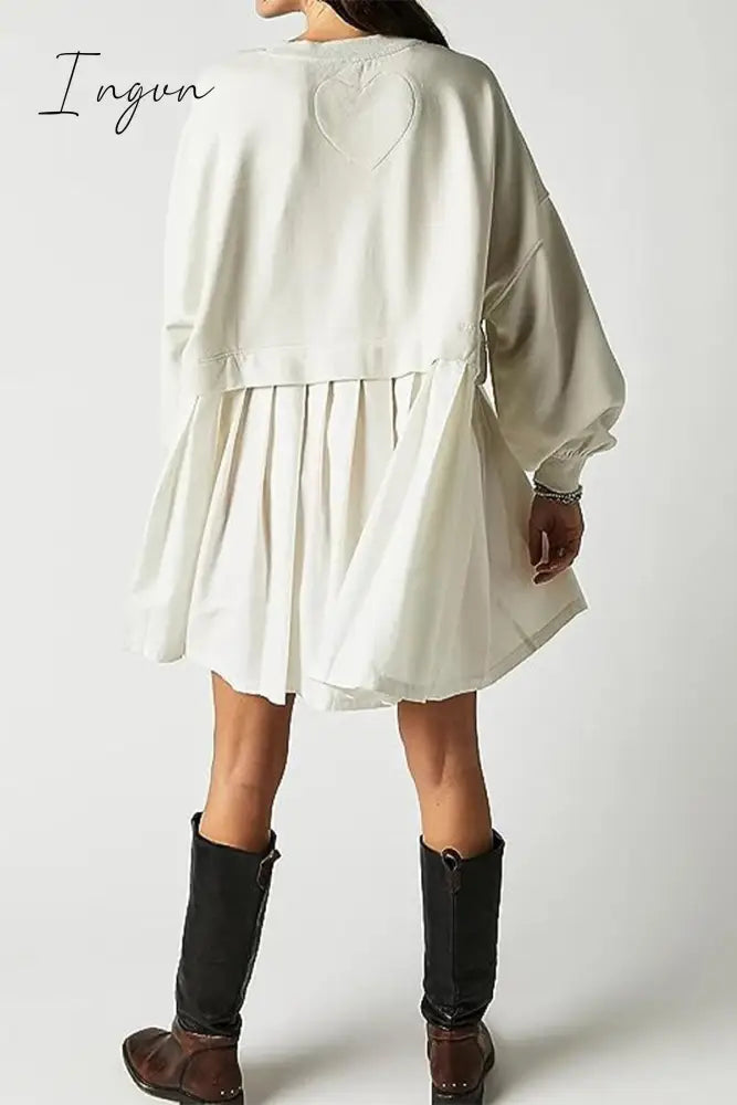 Ingvn - Casual Solid Patchwork Contrast O Neck Pleated Dresses