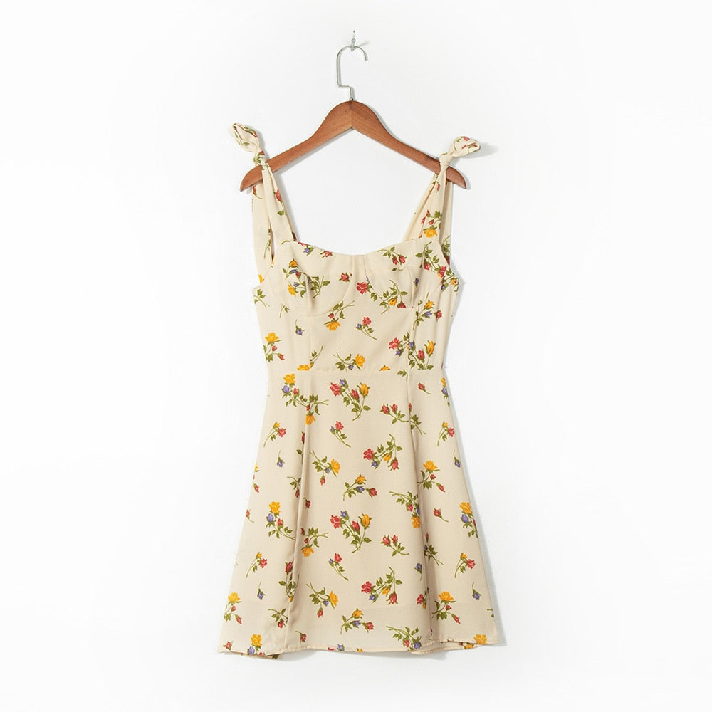 Summer Dress Women Floral Print Mini Dress Sweetheart Neck Sleeveless Spaghetti Strap Tie Beach Dress Vacation Sundress