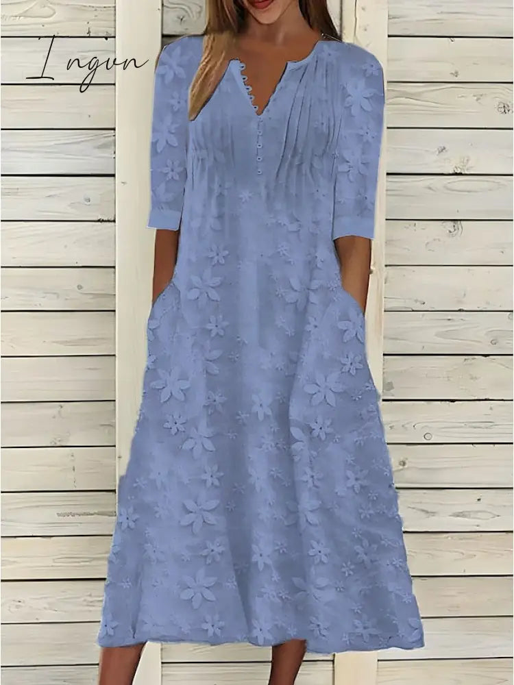 Ingvn - Women's Cotton Linen Dress Casual Dress Midi Dress Cotton Casual Mature Outdoor Daily Vacation V Neck Ruched Pocket Half Sleeve Summer Spring Fall 2023 Loose Fit White Blue Green Plain S M L XL 2XL