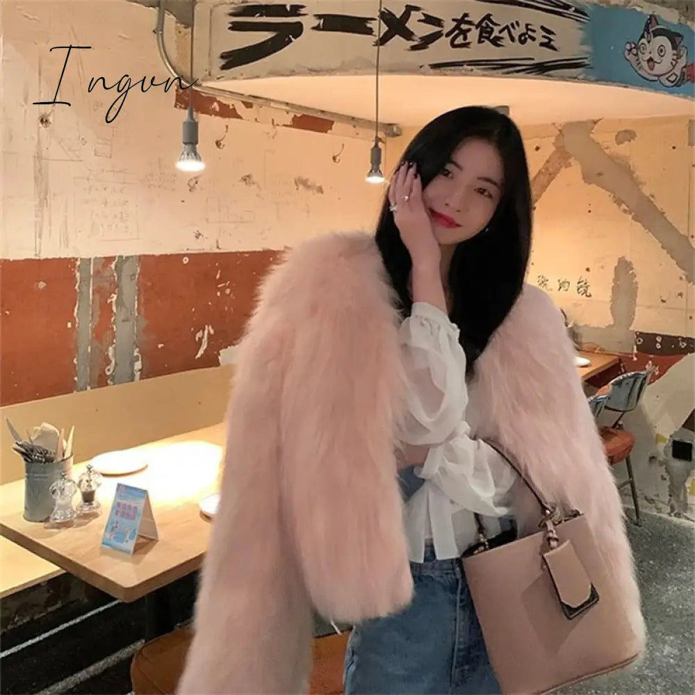 Ingvn - 2023 Spring Fashion Faux Fox Fur Coat Women Korea Fashion Warm Feather Coats Loose Short Outercoat Lady Party Elegant Outfits