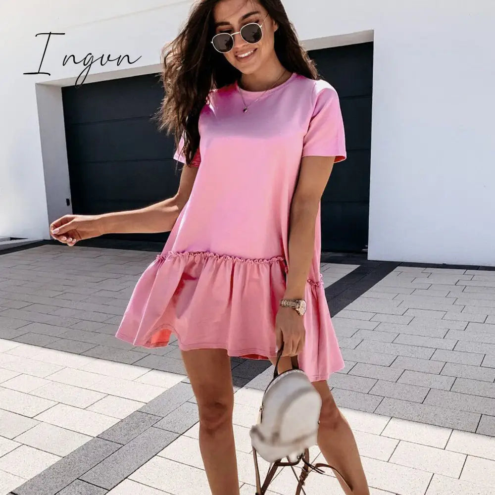 Ingvn - Fashion Trends Loose Casual Short Sleeve Mini Dress Women Summer O-neck White Black Ruffles Big Hem Beach Dresses For Woman Femme Robe