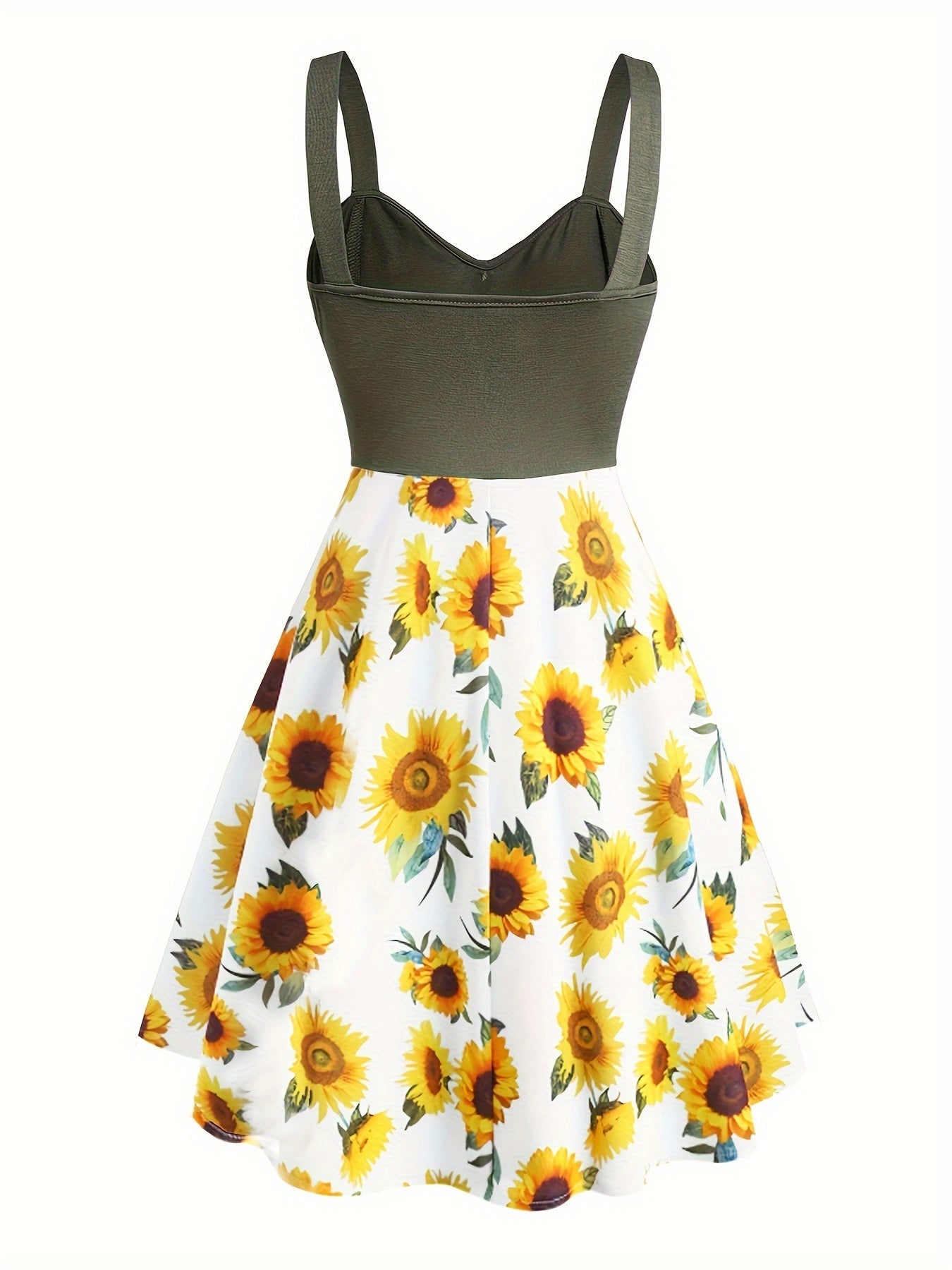 Charming Sunflower Print Patchwork Tank Dress - Vintage Button Crisscross Front - Effortlessly Stylish Sleeveless Womens Casual Wear