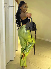 Ingvn - Women Metallic Straight-Leg PU Pants Sexy ZA Sparkling High Waist Trousers Streetwear Luxury Birthday Costumes 2023 Spring Fall